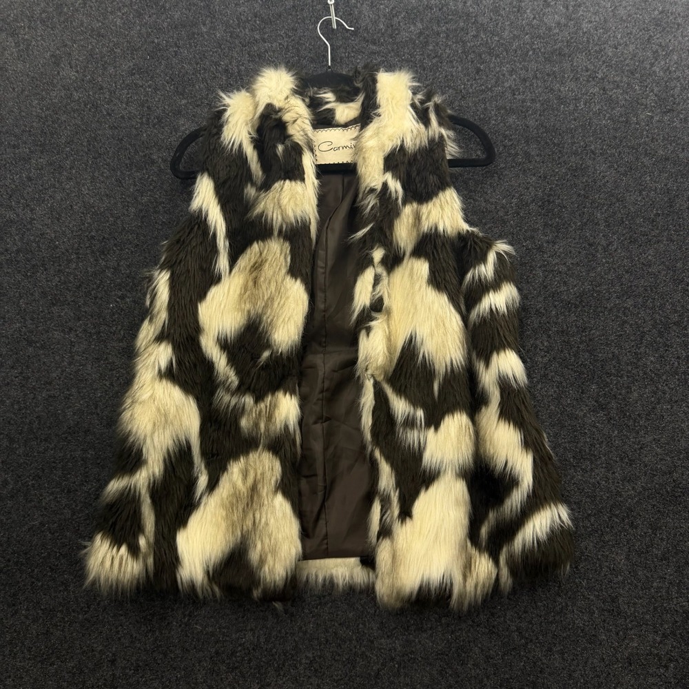Carmin Vintage Faux Fur Vest Brown Cream Abstract Shaggy Sleeveless Jacket L